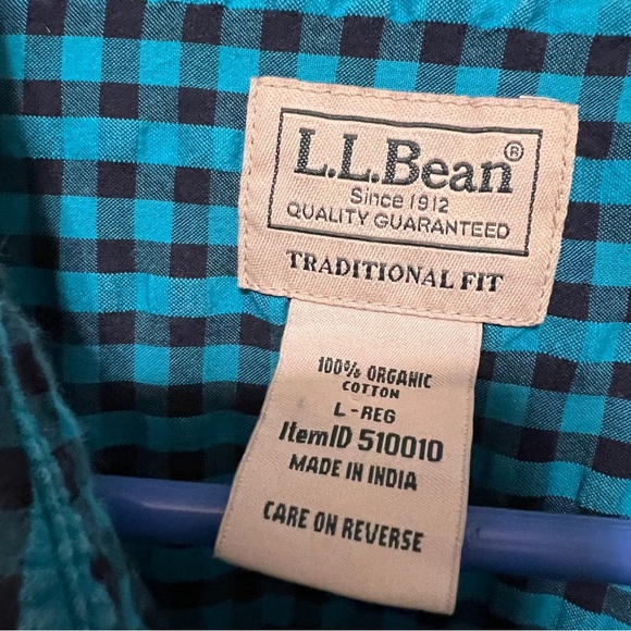LL Bean Mens Large Cotton Shirt Wrinkle Free Green Check Long Sleeves Fennel - Picture 5 of 10